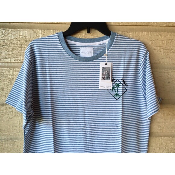 Denim & Flower men Ricky Singh Blue White Stripe Aloha Hawaii T Shirt sze Medium - Picture 3 of 11